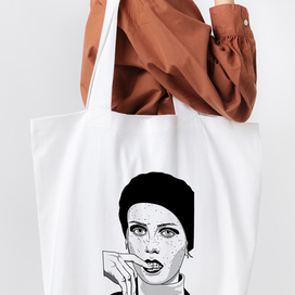 Minimalistic portrait of Twiggy. Shopper design idea.