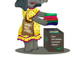 The elephant character recycles old clothes. Vector illustration.