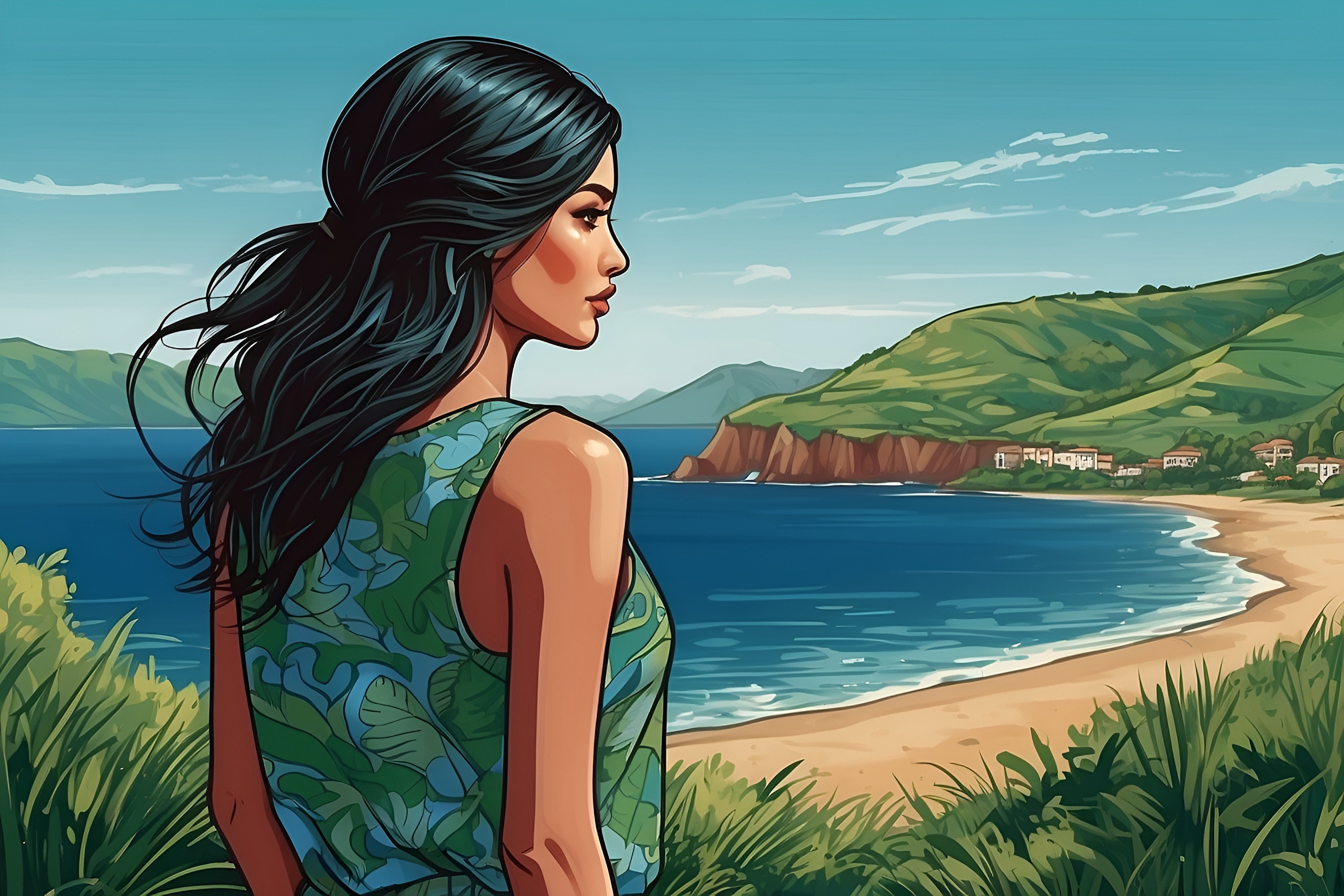 A woman on the background of an ocean, green hills and a beach