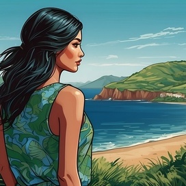 A woman on the background of an ocean, green hills and a beach