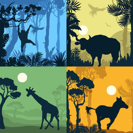 Wild animals, silhouette, flet, vector set, jungle, savannah