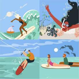 Summer water sports, ocean, sea, vacation mood, vector, hand drawn.