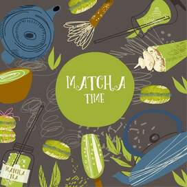 Matcha tea, vector set, teapot, mug, latte, ice cream, background, frame