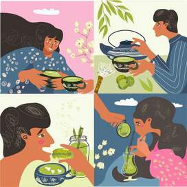 Matcha tea, vector set, teapot, mug, latte, ice cream, illustration