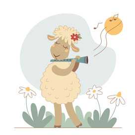 Nice cartoon sheep playing flute.