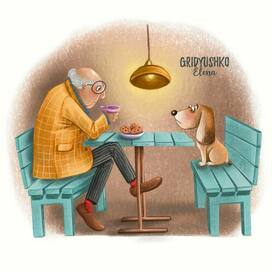 Grandfather and dog at a table in a cafe