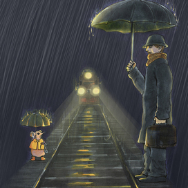 An unexpected meeting -A mouse meets a man in the rain.