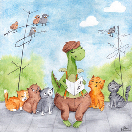 Dragon and cute cats singing on the rooftop in the springtime