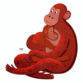 Monkey mother with the baby. Children book illustration.