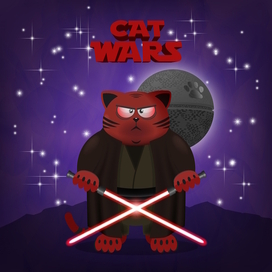 Fat red evil cat with laser swords