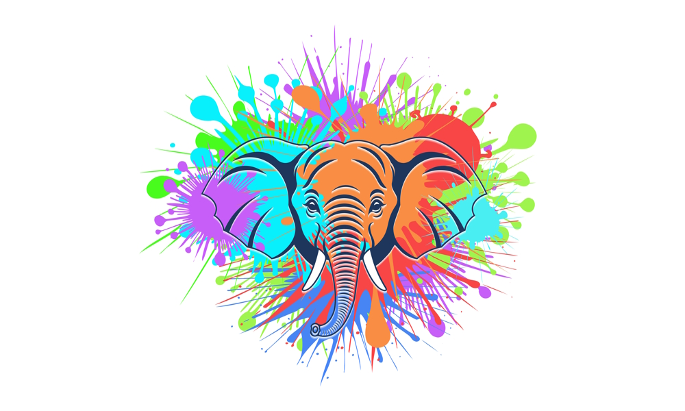 Vector portrait of a baby elephant on a background of colored blots