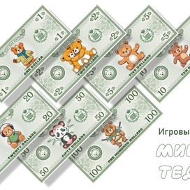 Vector game banknotes. Money with teddy bear