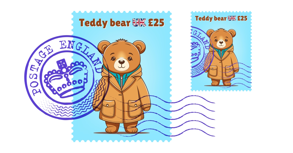 Vector Teddy bear in a jacket on a postage stamp