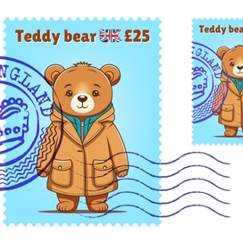 Vector Teddy bear in a jacket on a postage stamp