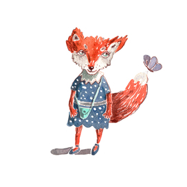 Little Fox in a Blue Dress with a Green Bag and a Butterfly