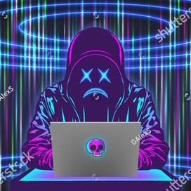 Vector cyberpunk, hacker, scammer with computer