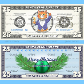 Vector Christmas 25 Dollar Banknote Cartoon Cat