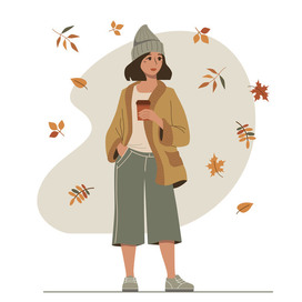 Stylish girl in a cardigan with a cup of coffee. Cozy autumn illustration.