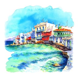 Mykonos waterfront watercolor sketch