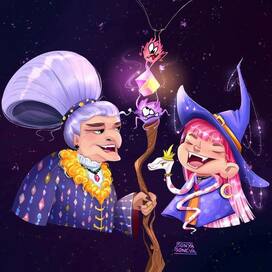 Magical story: Witch grandmother and granddaughter with characters