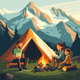 Illustration of camping in the mountains with mom, father and daughter