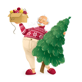 New Year's Character Grandpa with a Christmas tree