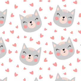 Seamless pattern with a cute gray cat with hearts, seamless print for backgrounds. Vector illustration