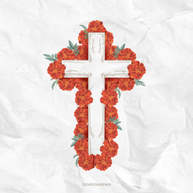 Cross with red marigolds. 