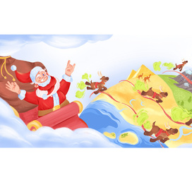 Book spread illustration Santa and Reindeers