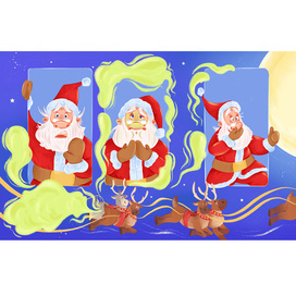 Book spread illustration Santa and Reindeers