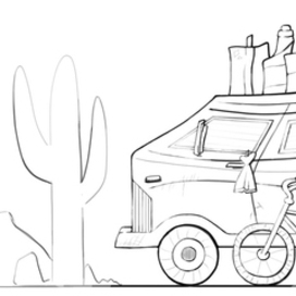 A stylized traveler's van