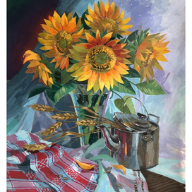 Still life with Sunflowers and a Kettle