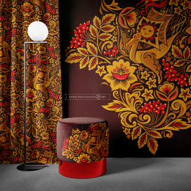 Floral folk print for fabric, apparel in Khokhloma style