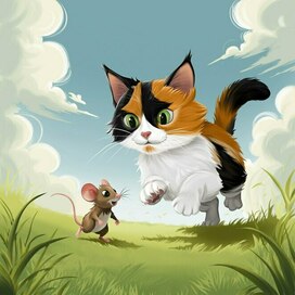 Cat and mouse on a sunny lawn