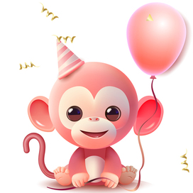 Wonder Monkey in pink with a balloon in his paw