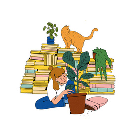 The girl transplants flowers with a cat