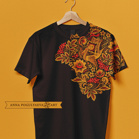 Floral folk print for fabric, apparel in Khokhloma style
