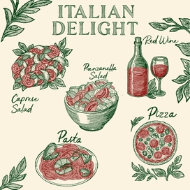 Illustration of Italian dishes in vintage style
