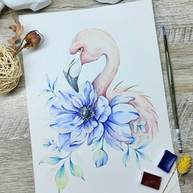 Фламинго с анемоном акварелью