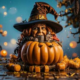 A witch in a pumpkin hat