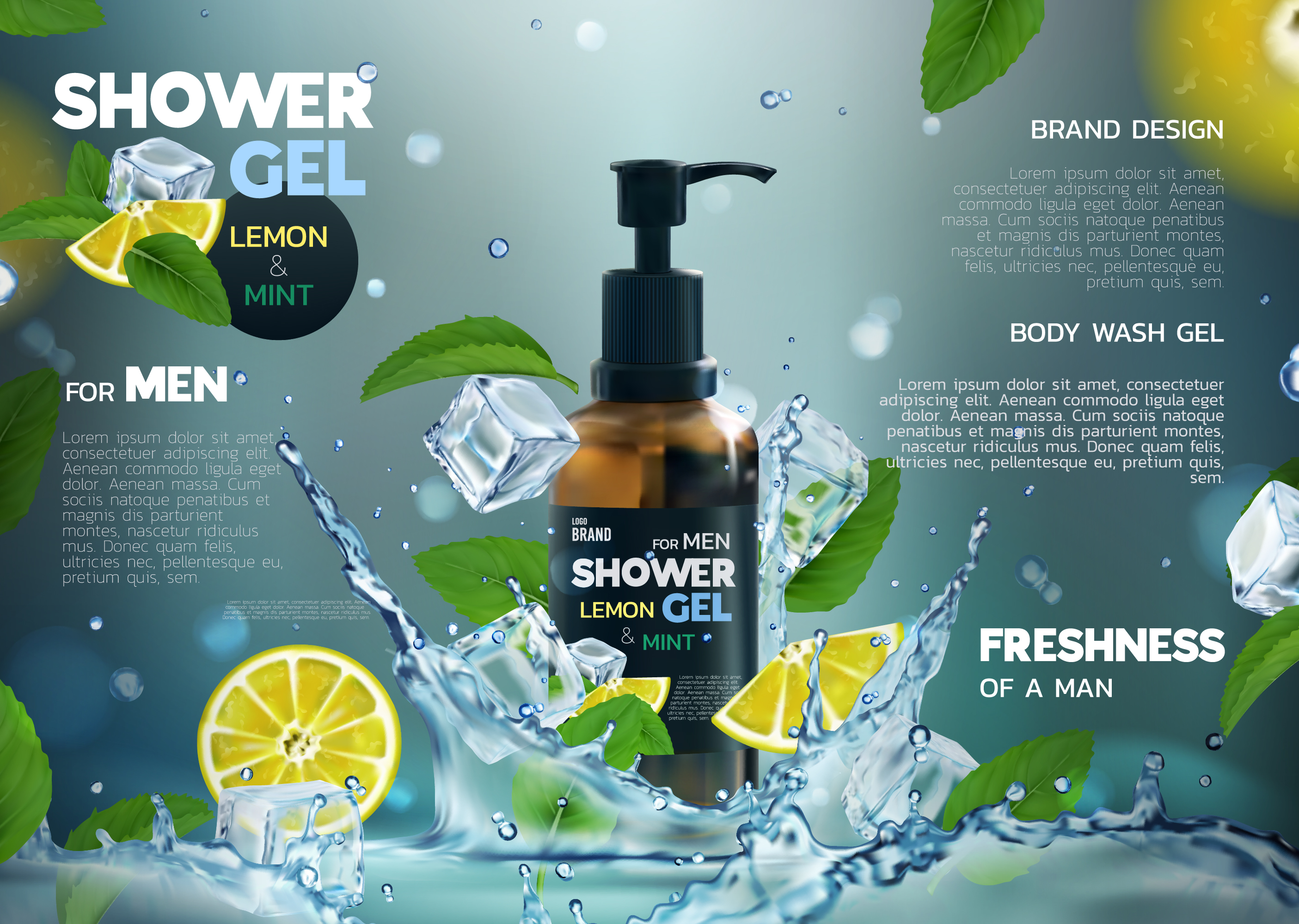 Label ad. Frozen banner for Men. Cool skincare product. Lemon, leaf mint, ice cube, water splash. Advertising refreshing. Cosmetic organic. Vector herbal eco gel. Realistic 3D illustration