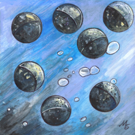 In the magazine "And Why?" Section "From Around the World". Editorial office-Young Technician. Published. Topic: Miniature Robots for Water Purification. Illustration designed for reduction. Technique: Paper, acrylic, gouache, ink. Artist: Marat Bryzgalov