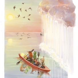 Sunset over flooded Mythland. Illustration for the book "The Talking bundle - the continuation of the story"