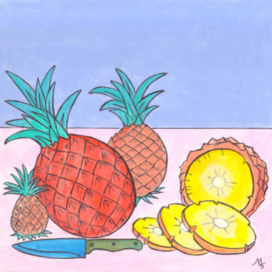 In the magazine "Why?" Section "From Around the World". Edited by Young Technician. Published. Topic: Pineapples. Illustration designed to be reduced. Artist: Marat Bryzgalov.
