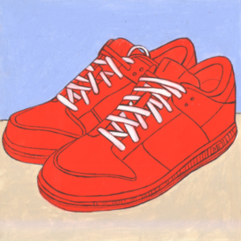 In the magazine "Why?" Section "From Around the World". Editorial office-Young Technician. Published. Topic: Sports shoes made of processed chewing gum. Ecology and recycling. Illustration designed to be reduced. Artist: Marat Bryzgalov.