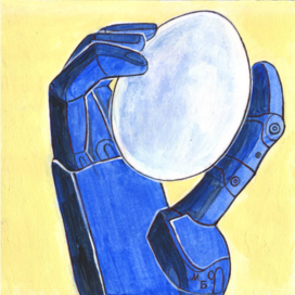 In the magazine "Why?" Section "From Around the World". Edited by Young Technician. Published in the magazine. Topic: A new humanoid robot capable of handling fragile objects with care. Artist: Marat Bryzgalov.