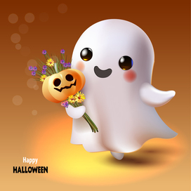Adorable ghost with bouquet on orange background.
