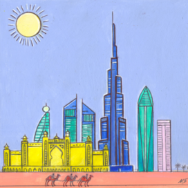 In the magazine "Why?" Section "From Around the World". Edited by Young Technician. Published in the magazine. Theme: Skyscrapers in the Desert. The illustration style is decorative. The illustration is designed to be reduced. Artist: Marat Bryzgalov.