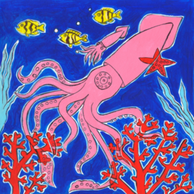 In the magazine "Why?" Section "From Around the World". Published by the magazine "Young Technician". Published in the magazine. The illustration is prepared for printing in a mini format. Topic: A squid can change the color of its body for camouflage. Artist: Marat Bryzgalov.