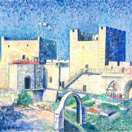 landscape of the Jerusalem Tower of the biblical king David. Urban landscape. Genre of painting: pointillism, impressionism. Series: Views of Jerusalem. Illustration for the Jewish calendar. Artist Marat Bryzgalov. Technique of execution: Paper, acrylic paints, brushes. Calendar printed in Moscow for 2021 by order of the Moscow Choral Synagogue - educational center "Center Torah Mi-Tsin".